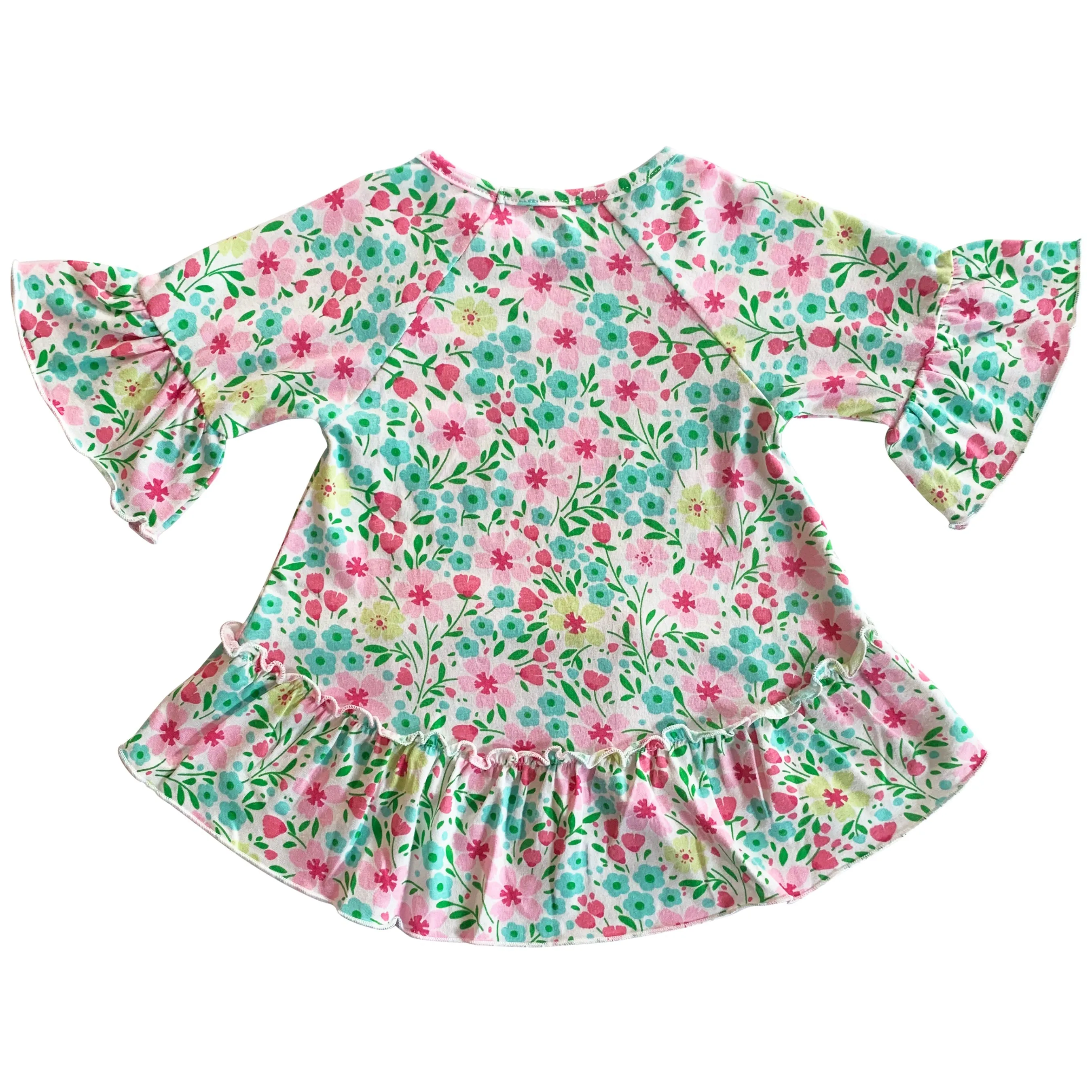 AnnLoren Little & Big Girls 3/4 Angel Sleeve Pink Green Floral Cotton Knit Ruffle Shirt