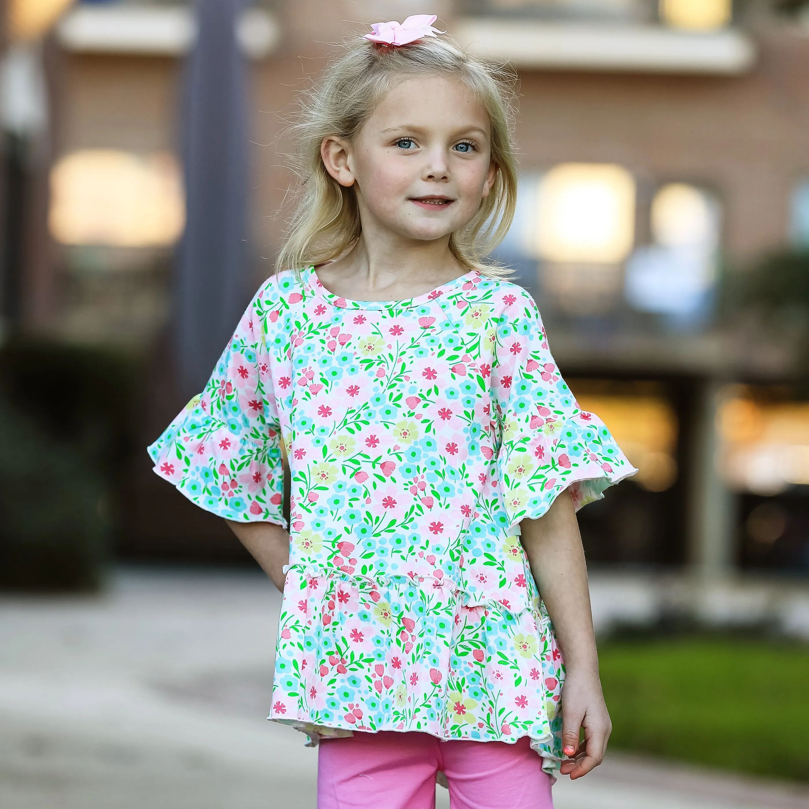 AnnLoren Little & Big Girls 3/4 Angel Sleeve Pink Green Floral Cotton Knit Ruffle Shirt