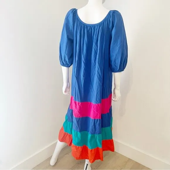 APPEL USA Blue Pink Red Cotton Tiered Maxi Summer Dress, M