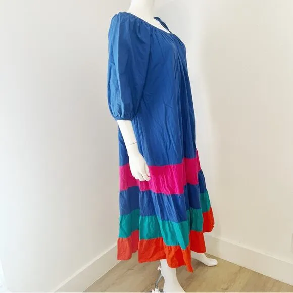 APPEL USA Blue Pink Red Cotton Tiered Maxi Summer Dress, M