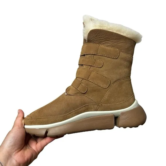 AU&amp;MU Classic Retro Hook and Loop Suede Sheepskin Winter Wedge Snow Boots Sz 8.5
