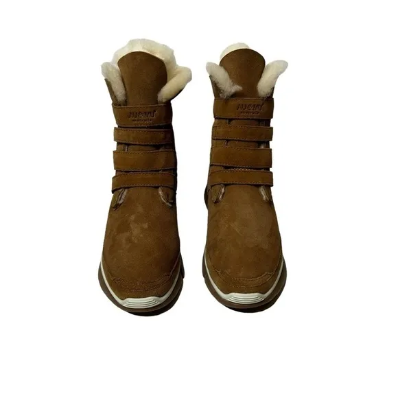 AU&amp;MU Classic Retro Hook and Loop Suede Sheepskin Winter Wedge Snow Boots Sz 8.5
