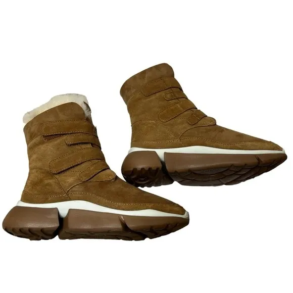AU&amp;MU Classic Retro Hook and Loop Suede Sheepskin Winter Wedge Snow Boots Sz 8.5