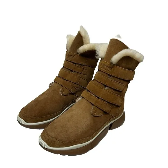 AU&amp;MU Classic Retro Hook and Loop Suede Sheepskin Winter Wedge Snow Boots Sz 8.5