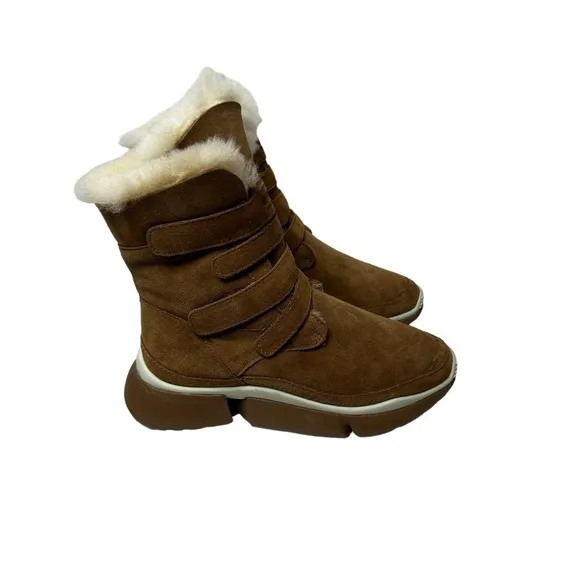 AU&amp;MU Classic Retro Hook and Loop Suede Sheepskin Winter Wedge Snow Boots Sz 8.5