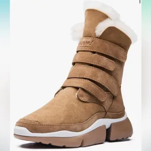 AU&amp;MU Classic Retro Hook and Loop Suede Sheepskin Winter Wedge Snow Boots Sz 8.5