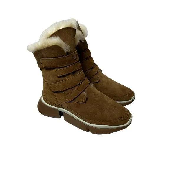 AU&amp;MU Classic Retro Hook and Loop Suede Sheepskin Winter Wedge Snow Boots Sz 8.5