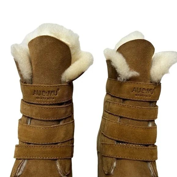 AU&amp;MU Classic Retro Hook and Loop Suede Sheepskin Winter Wedge Snow Boots Sz 8.5