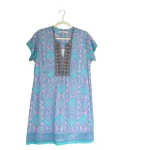 Bella Tu Mini Sundress with Short Sleeves Sz L summer Turquoise Blue boho tunic