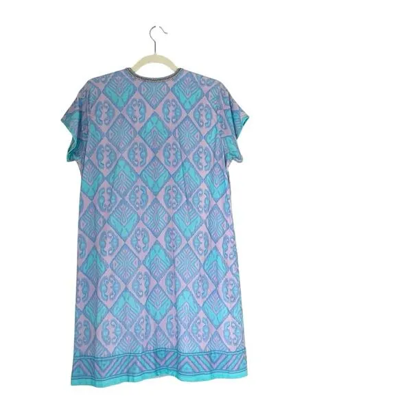 Bella Tu Mini Sundress with Short Sleeves Sz L summer Turquoise Blue boho tunic