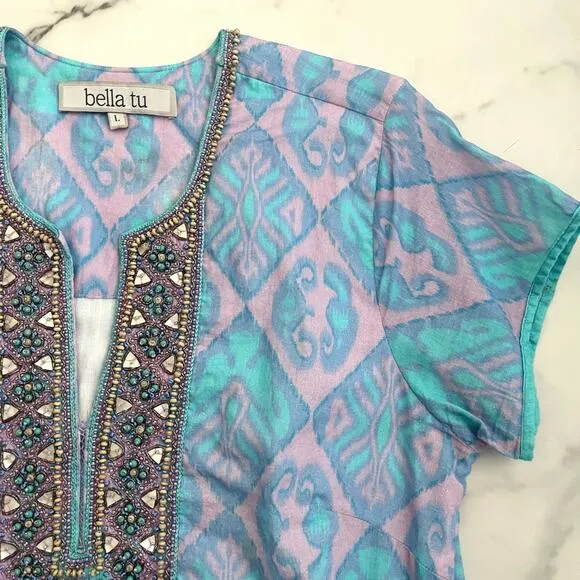 Bella Tu Mini Sundress with Short Sleeves Sz L summer Turquoise Blue boho tunic