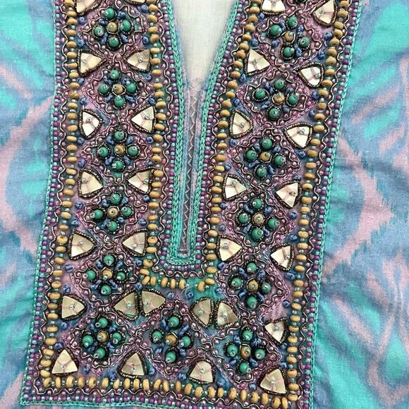 Bella Tu Mini Sundress with Short Sleeves Sz L summer Turquoise Blue boho tunic