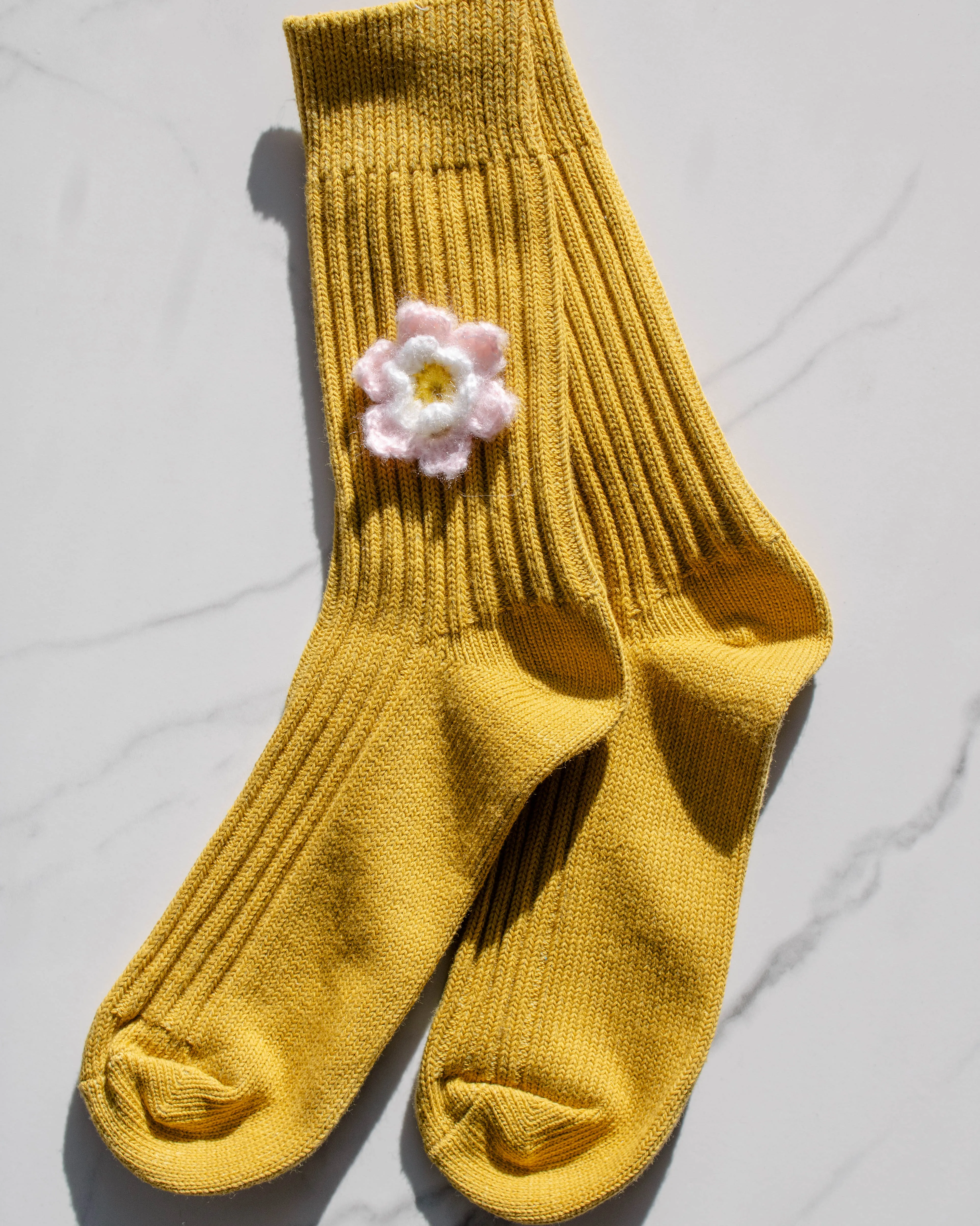 Billy Bamboo - Crochet Daffodil Cotton Ribbed Socks (Mustard)