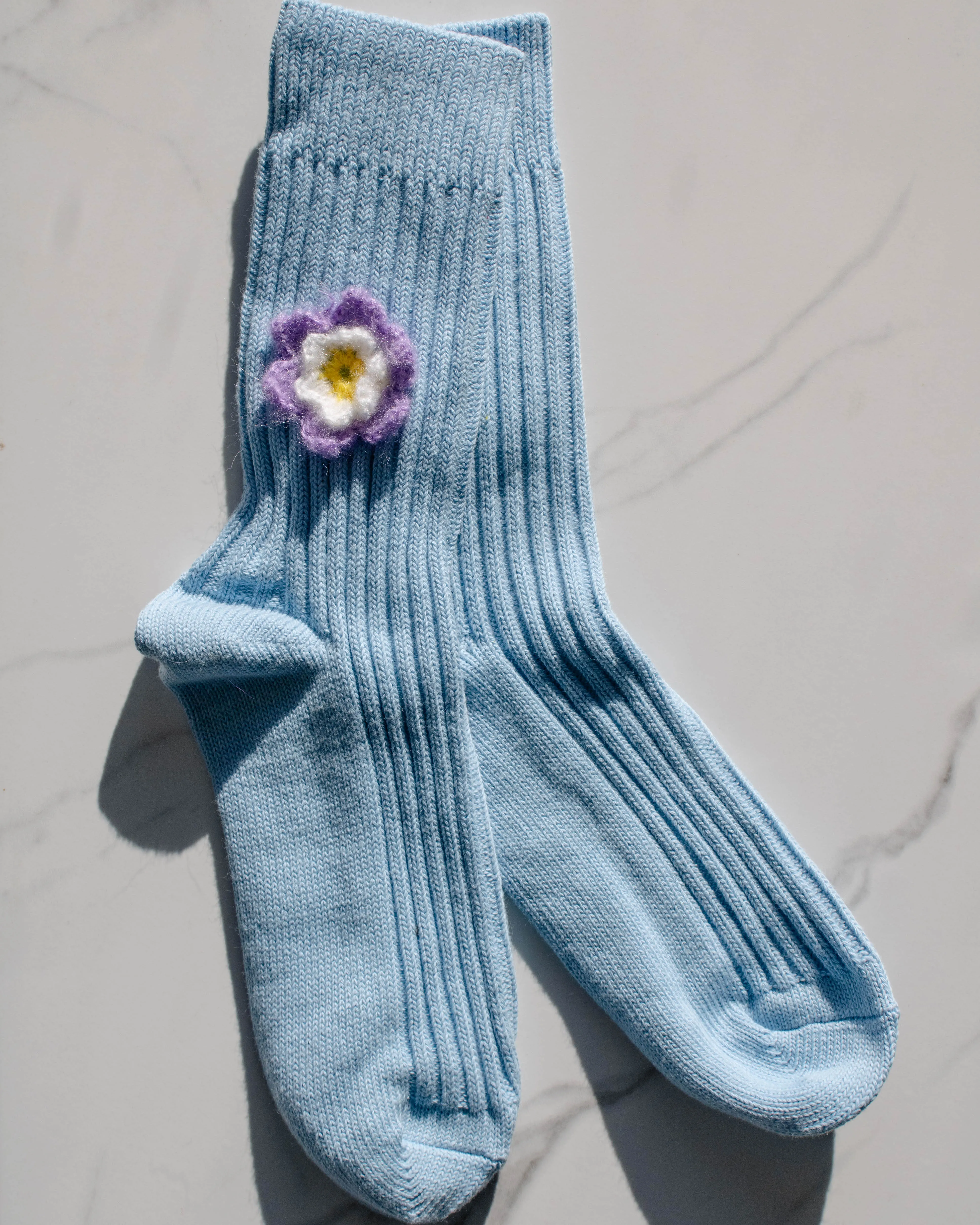 Billy Bamboo - Crochet Daffodil Cotton Ribbed Socks (Sky)