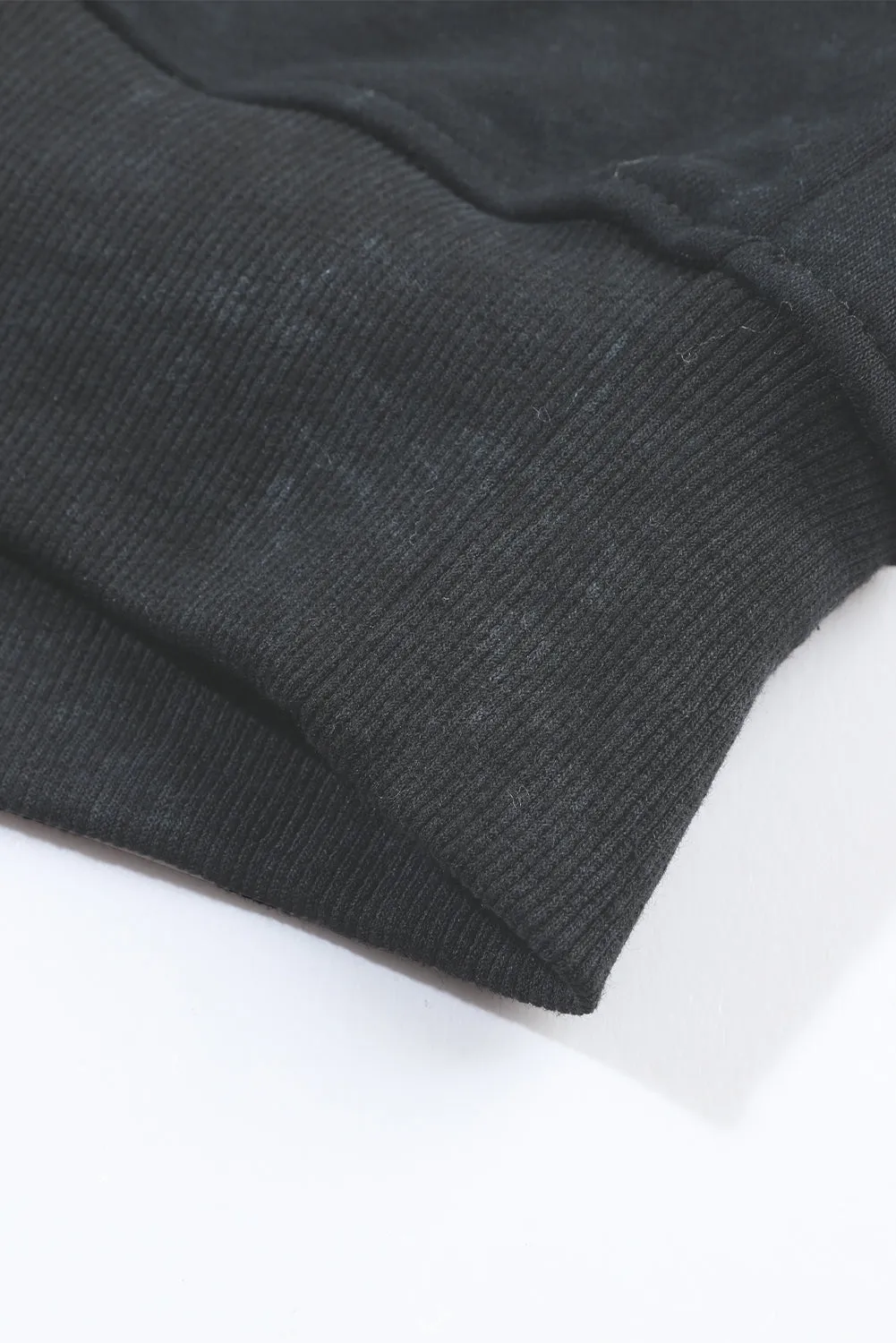 Black Washed Snap Buttons Lantern Sleeve Pullover Sweatshirt