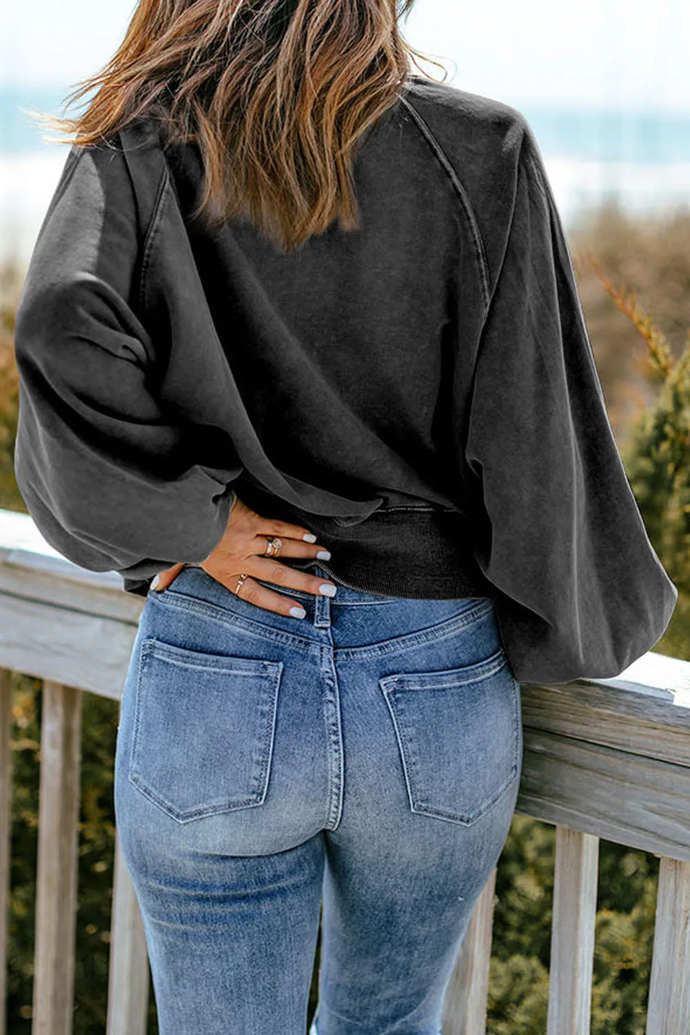 Black Washed Snap Buttons Lantern Sleeve Pullover Sweatshirt
