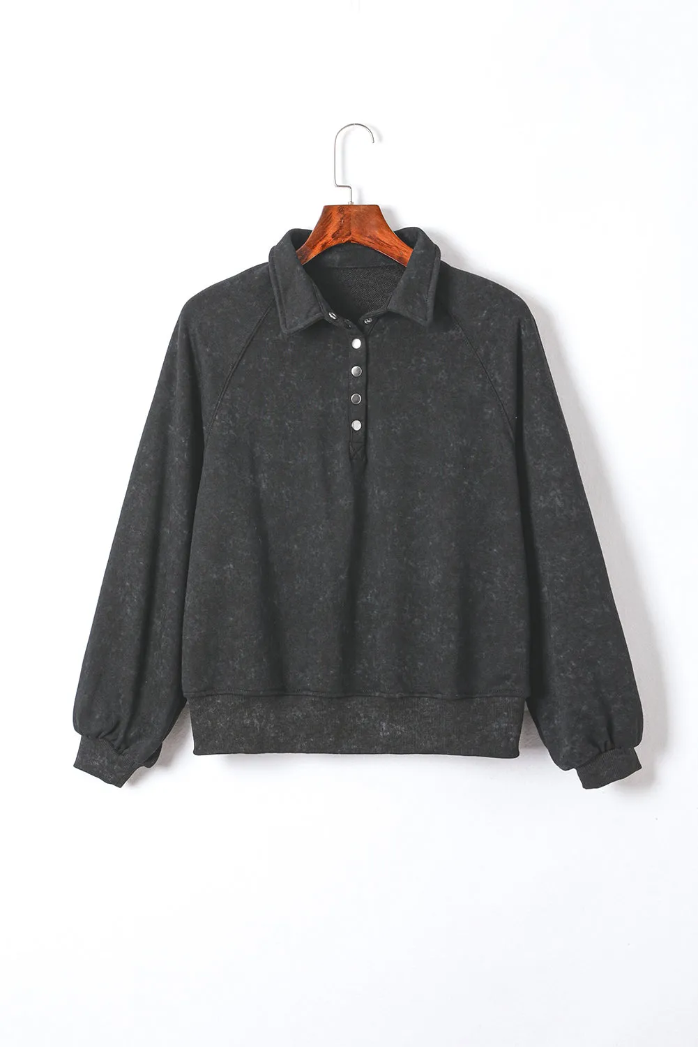 Black Washed Snap Buttons Lantern Sleeve Pullover Sweatshirt