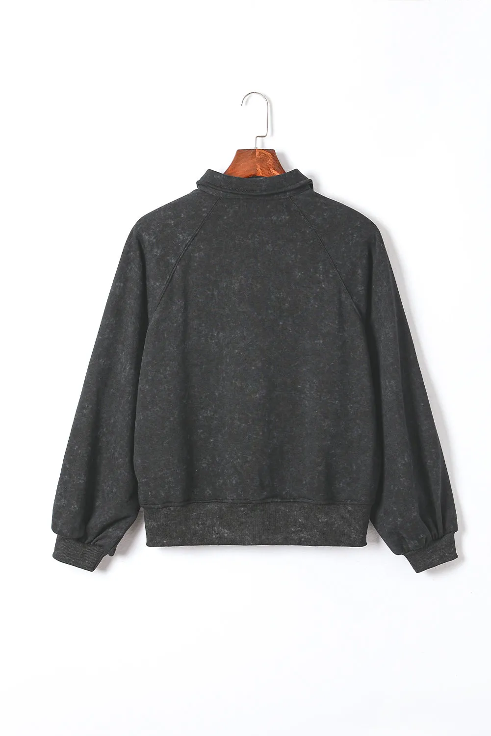 Black Washed Snap Buttons Lantern Sleeve Pullover Sweatshirt