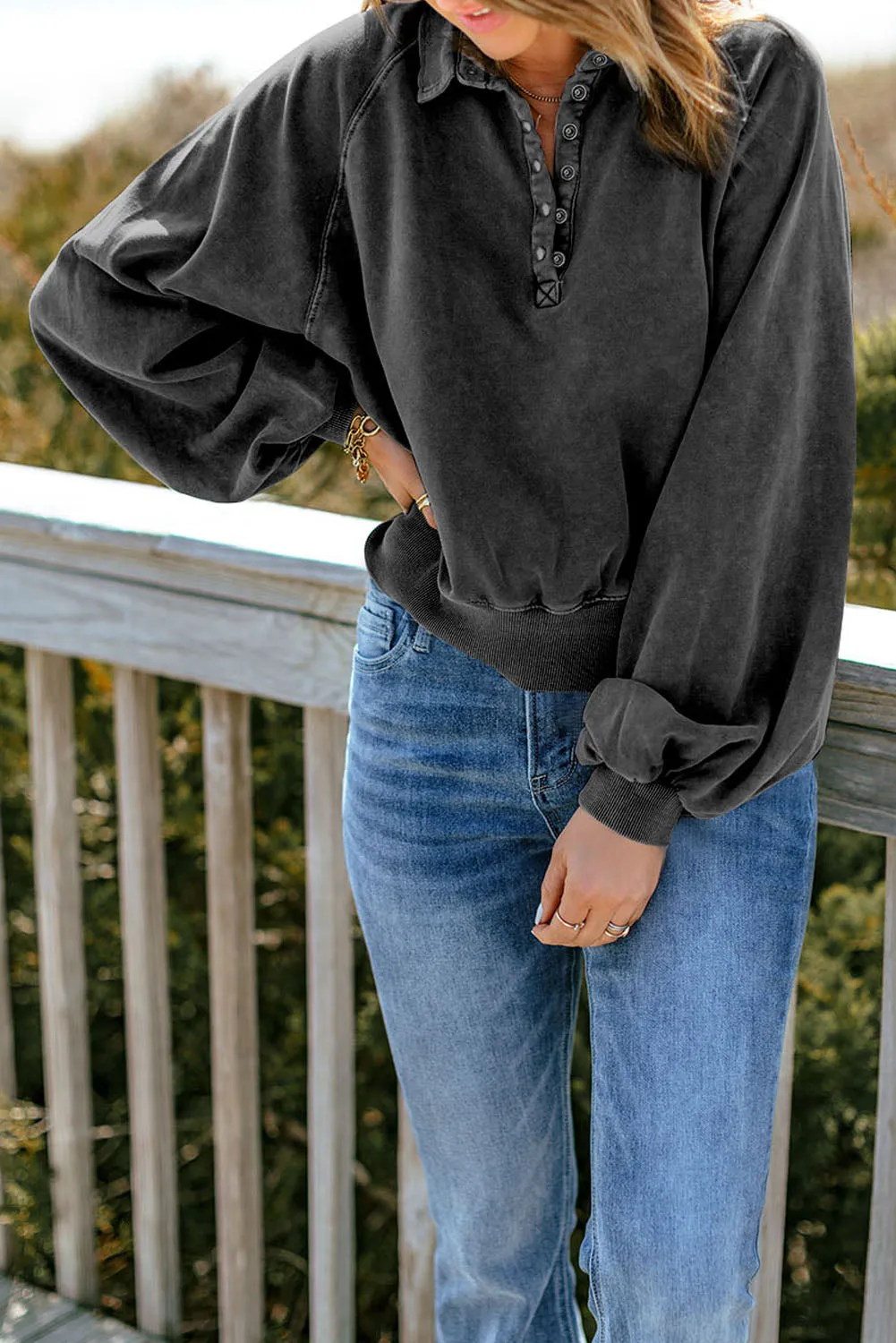 Black Washed Snap Buttons Lantern Sleeve Pullover Sweatshirt