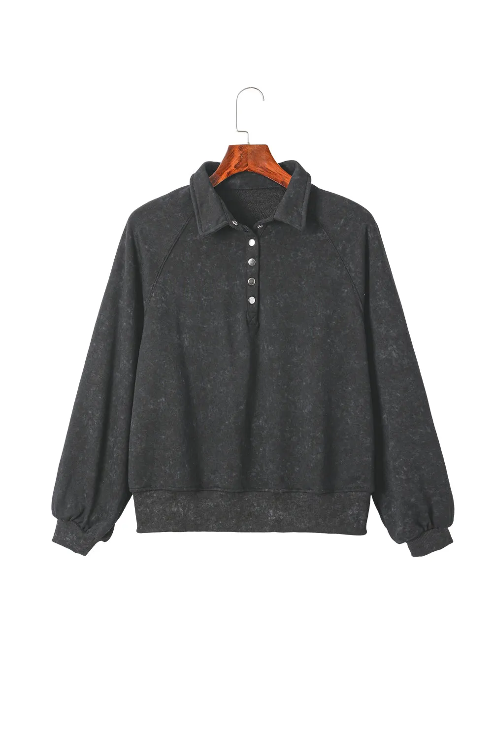 Black Washed Snap Buttons Lantern Sleeve Pullover Sweatshirt