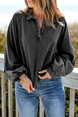 Black Washed Snap Buttons Lantern Sleeve Pullover Sweatshirt