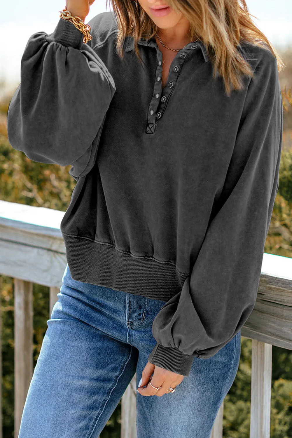 Black Washed Snap Buttons Lantern Sleeve Pullover Sweatshirt