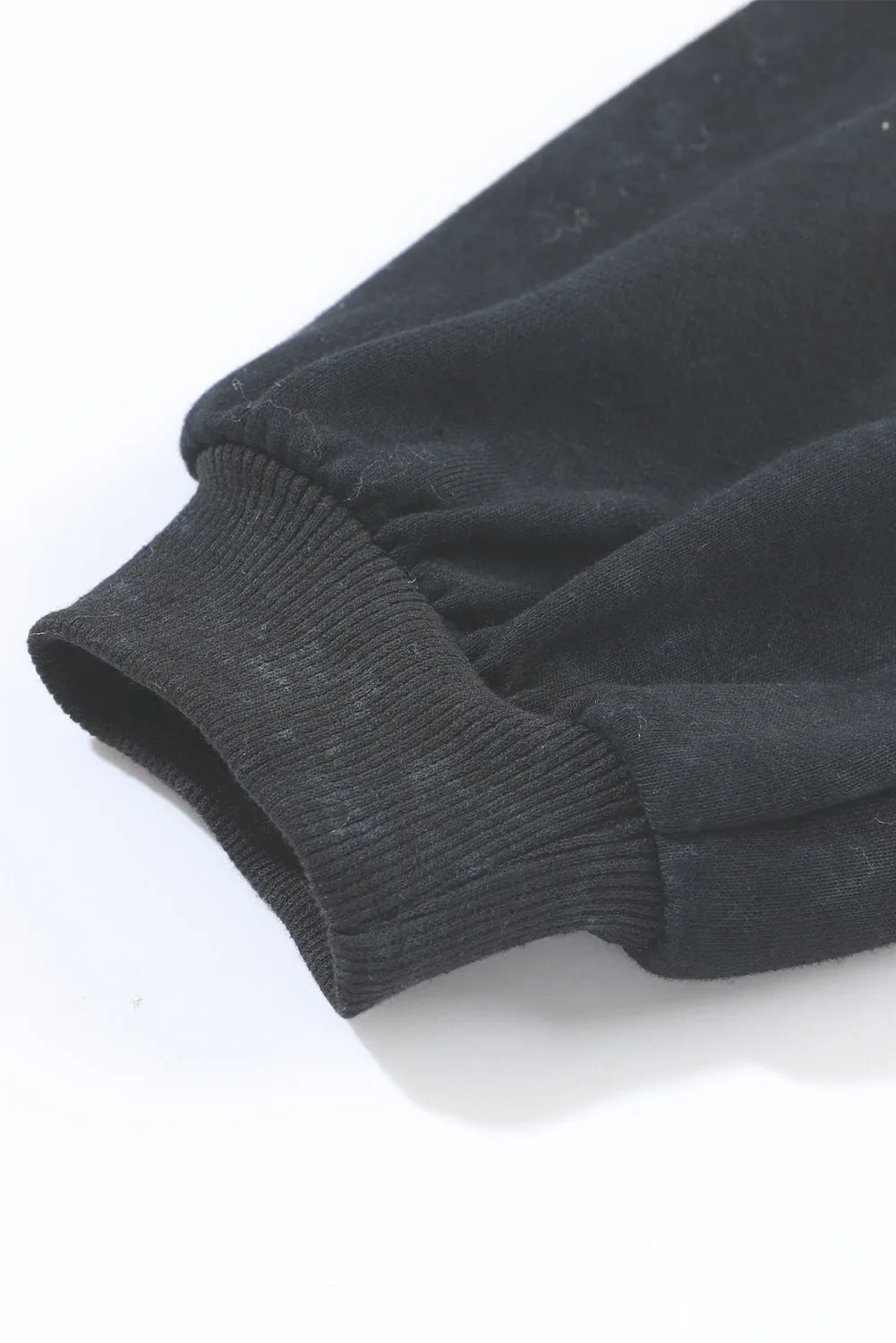 Black Washed Snap Buttons Lantern Sleeve Pullover Sweatshirt