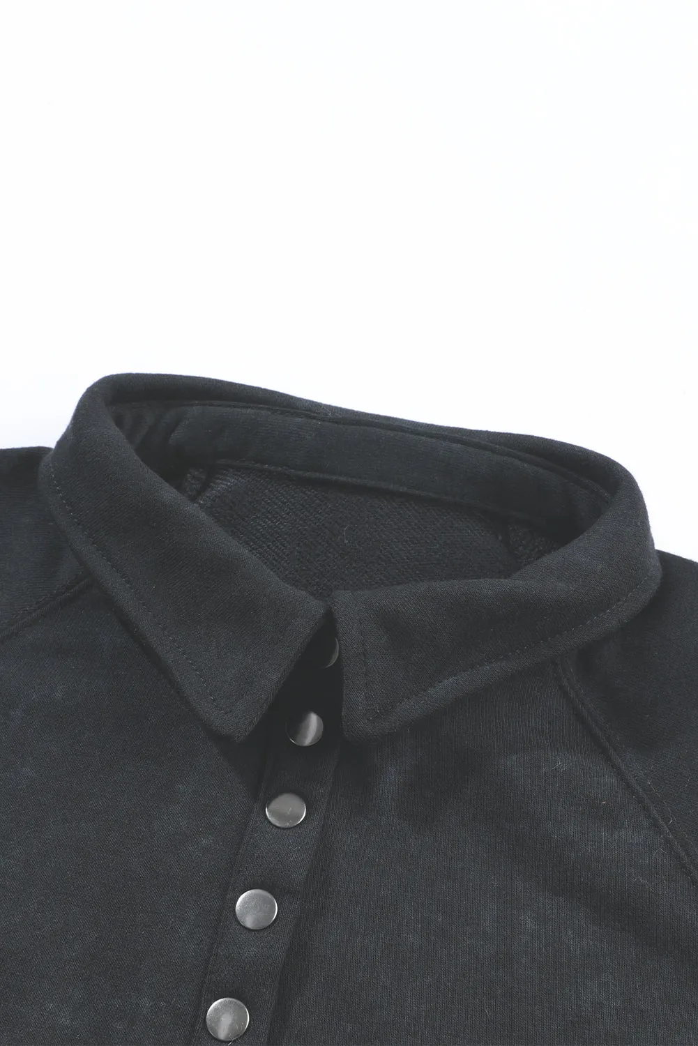 Black Washed Snap Buttons Lantern Sleeve Pullover Sweatshirt