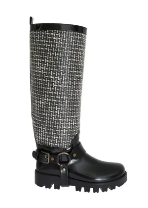 Black White Woven Rubber Boots