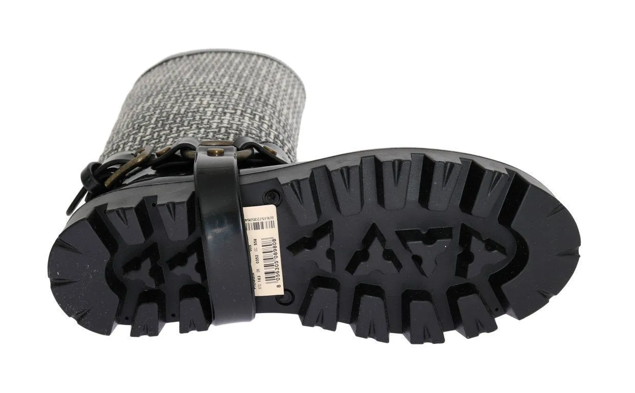 Black White Woven Rubber Boots