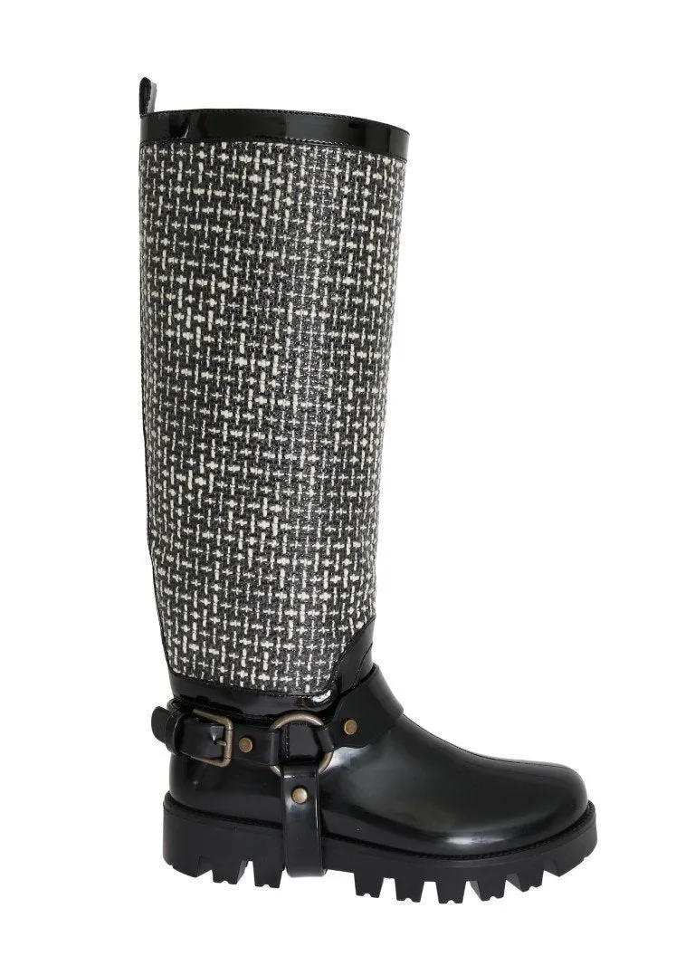 Black White Woven Rubber Boots