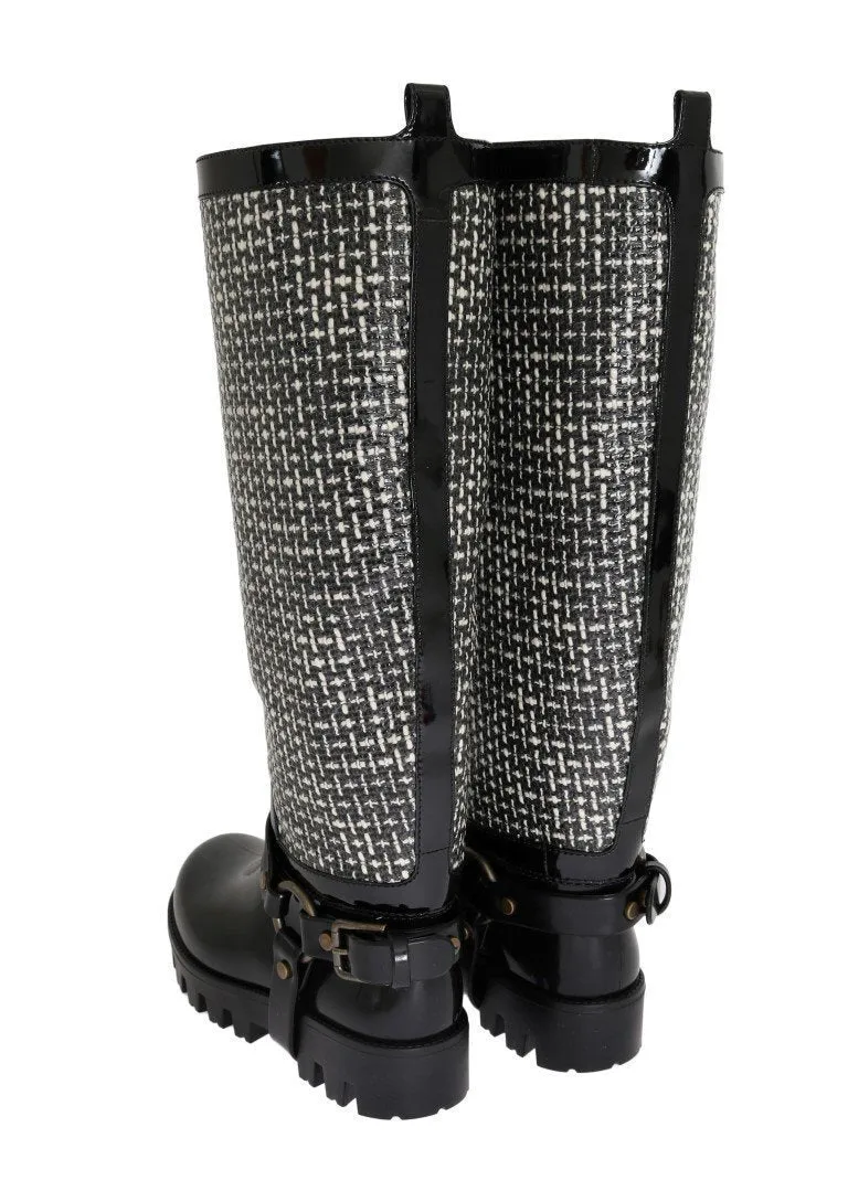 Black White Woven Rubber Boots