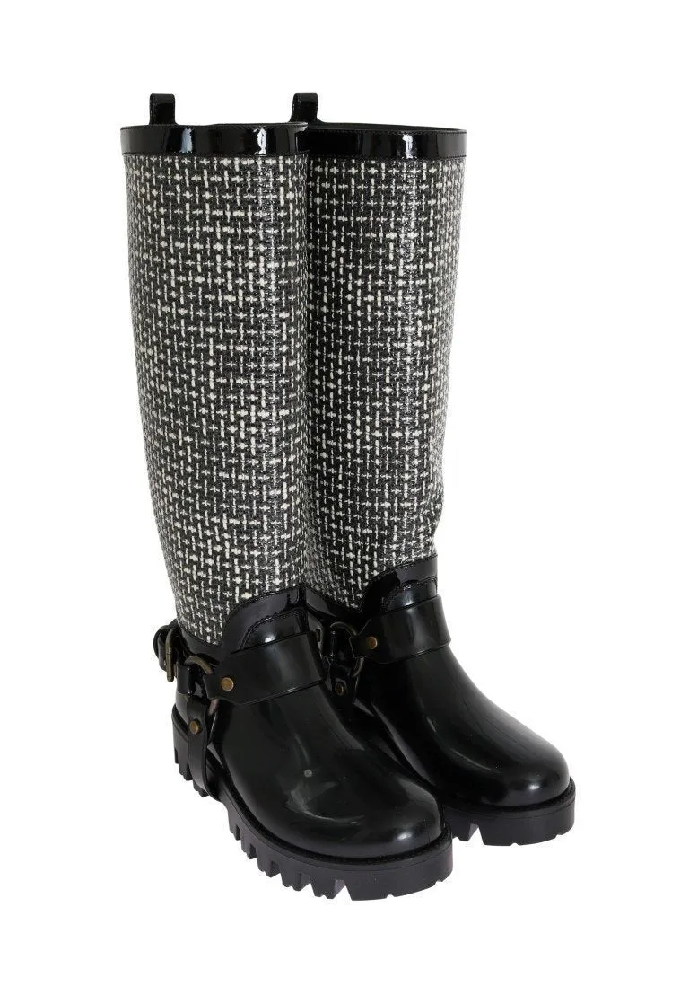 Black White Woven Rubber Boots