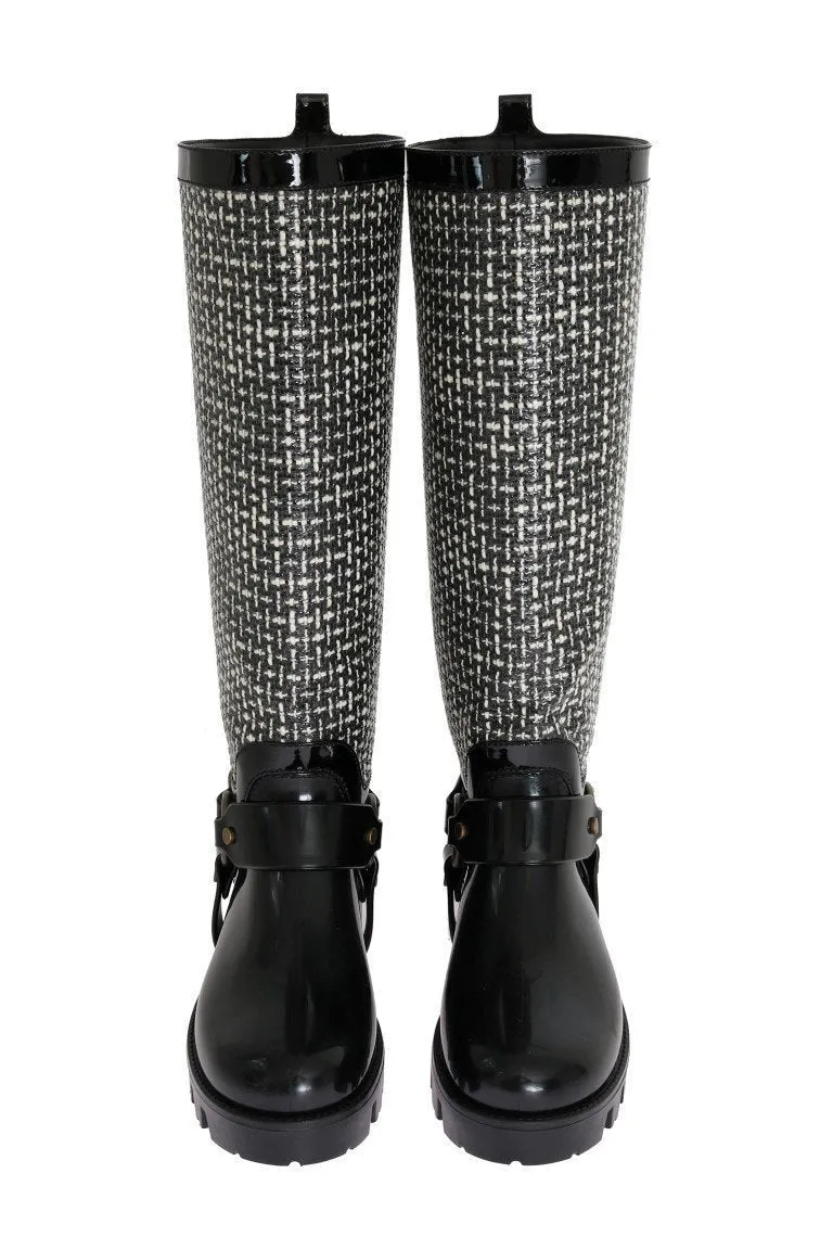 Black White Woven Rubber Boots