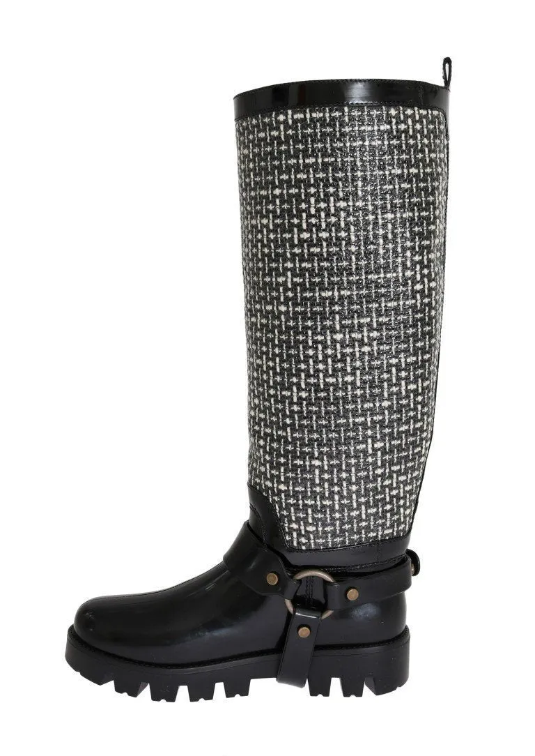 Black White Woven Rubber Boots