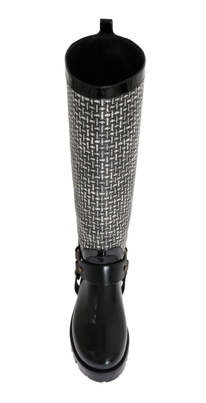 Black White Woven Rubber Boots