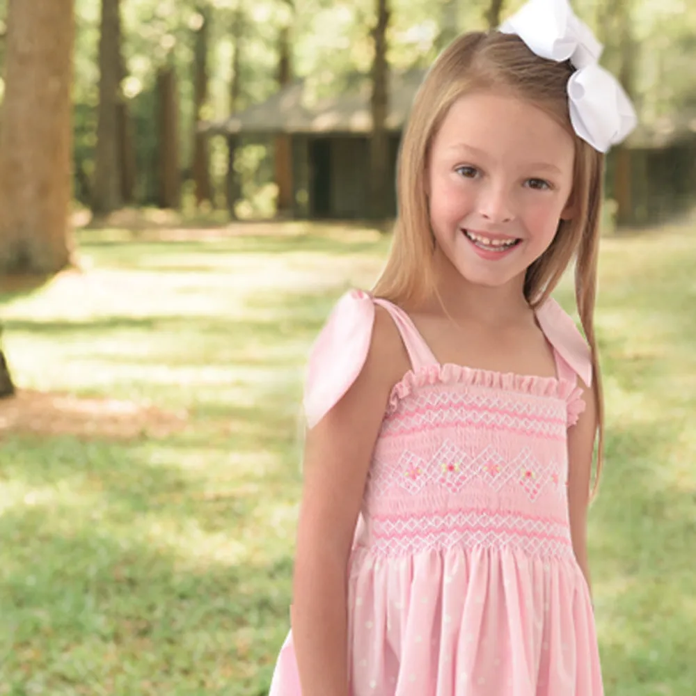 Breezy Pink White Dot English Smocked Sundress w/Tie Straps