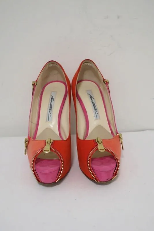 Brian Atwood Julep Zipper Pumps Pink/Red Suede Size 35.5 Peep Toe Heel