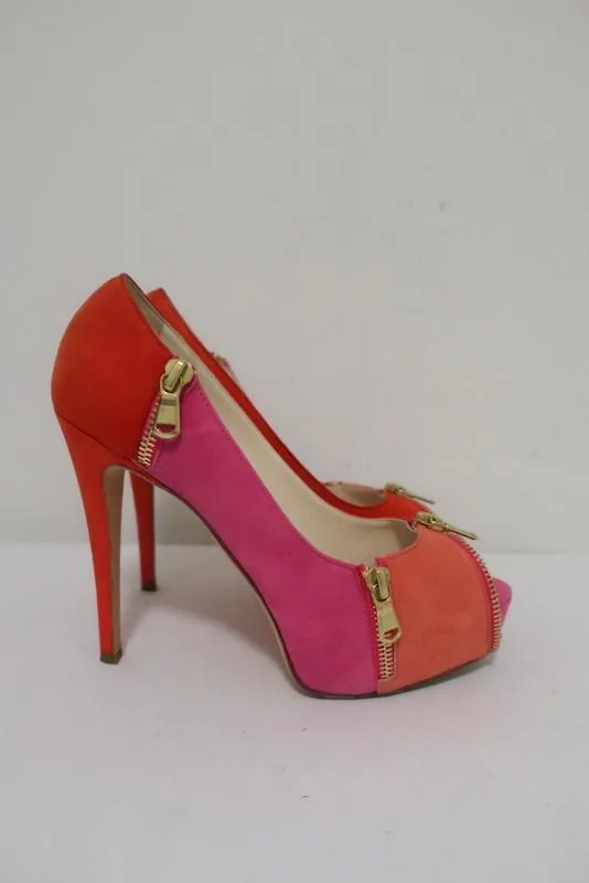 Brian Atwood Julep Zipper Pumps Pink/Red Suede Size 35.5 Peep Toe Heel