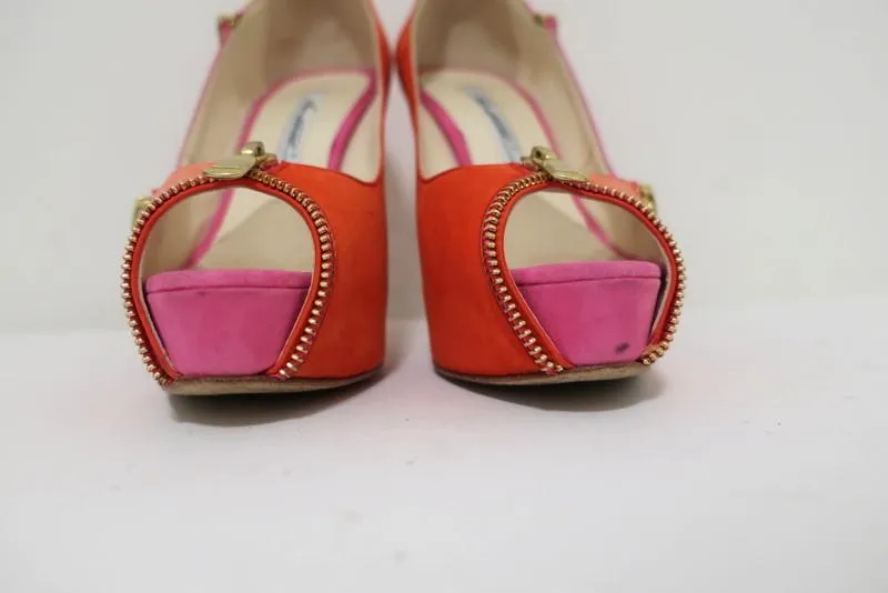 Brian Atwood Julep Zipper Pumps Pink/Red Suede Size 35.5 Peep Toe Heel
