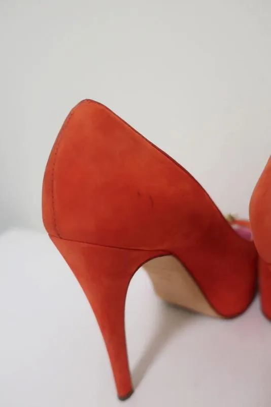 Brian Atwood Julep Zipper Pumps Pink/Red Suede Size 35.5 Peep Toe Heel