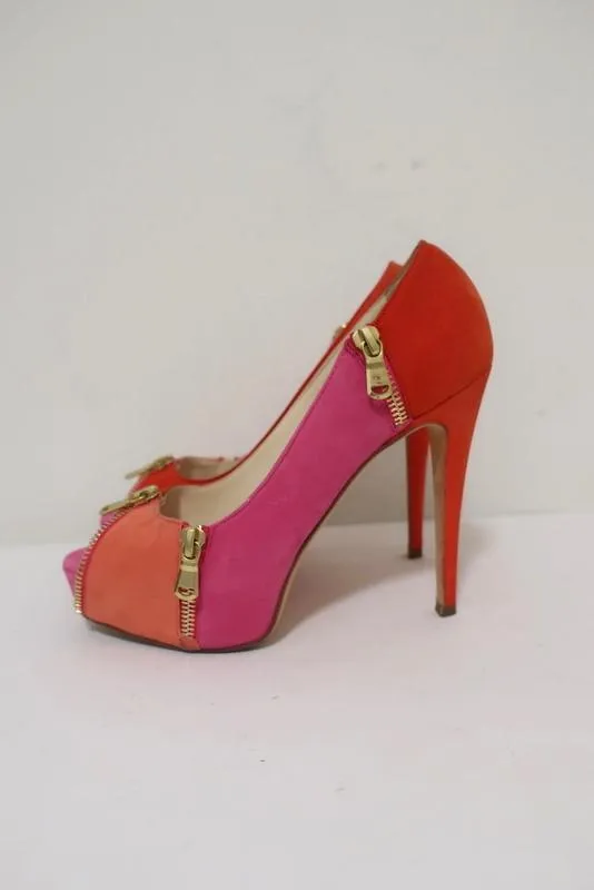 Brian Atwood Julep Zipper Pumps Pink/Red Suede Size 35.5 Peep Toe Heel