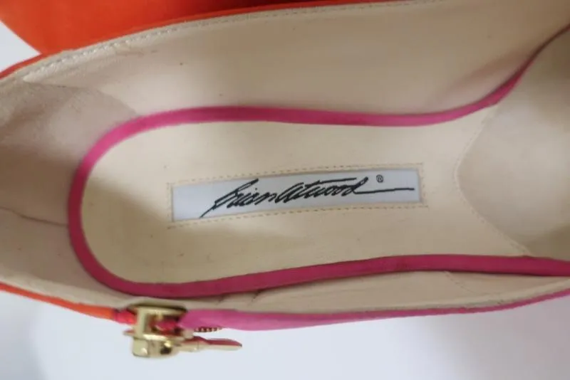 Brian Atwood Julep Zipper Pumps Pink/Red Suede Size 35.5 Peep Toe Heel