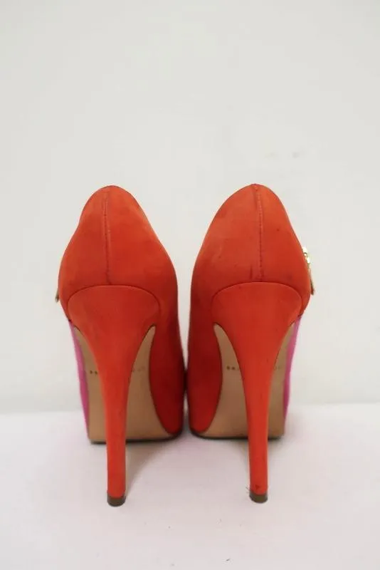 Brian Atwood Julep Zipper Pumps Pink/Red Suede Size 35.5 Peep Toe Heel