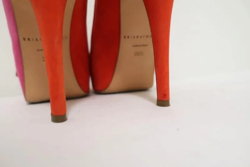 Brian Atwood Julep Zipper Pumps Pink/Red Suede Size 35.5 Peep Toe Heel