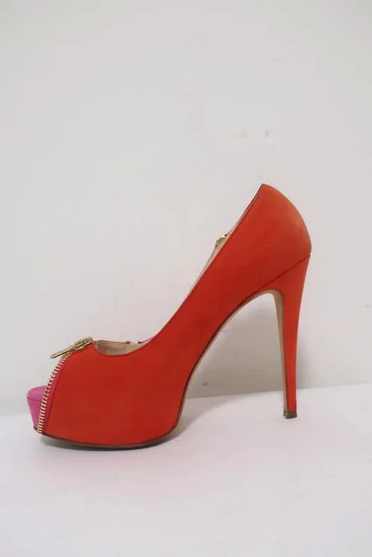 Brian Atwood Julep Zipper Pumps Pink/Red Suede Size 35.5 Peep Toe Heel