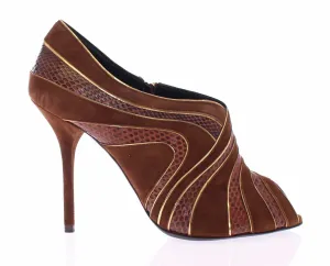Brown Suede Snakeskin Open Toe Pumps Shoes