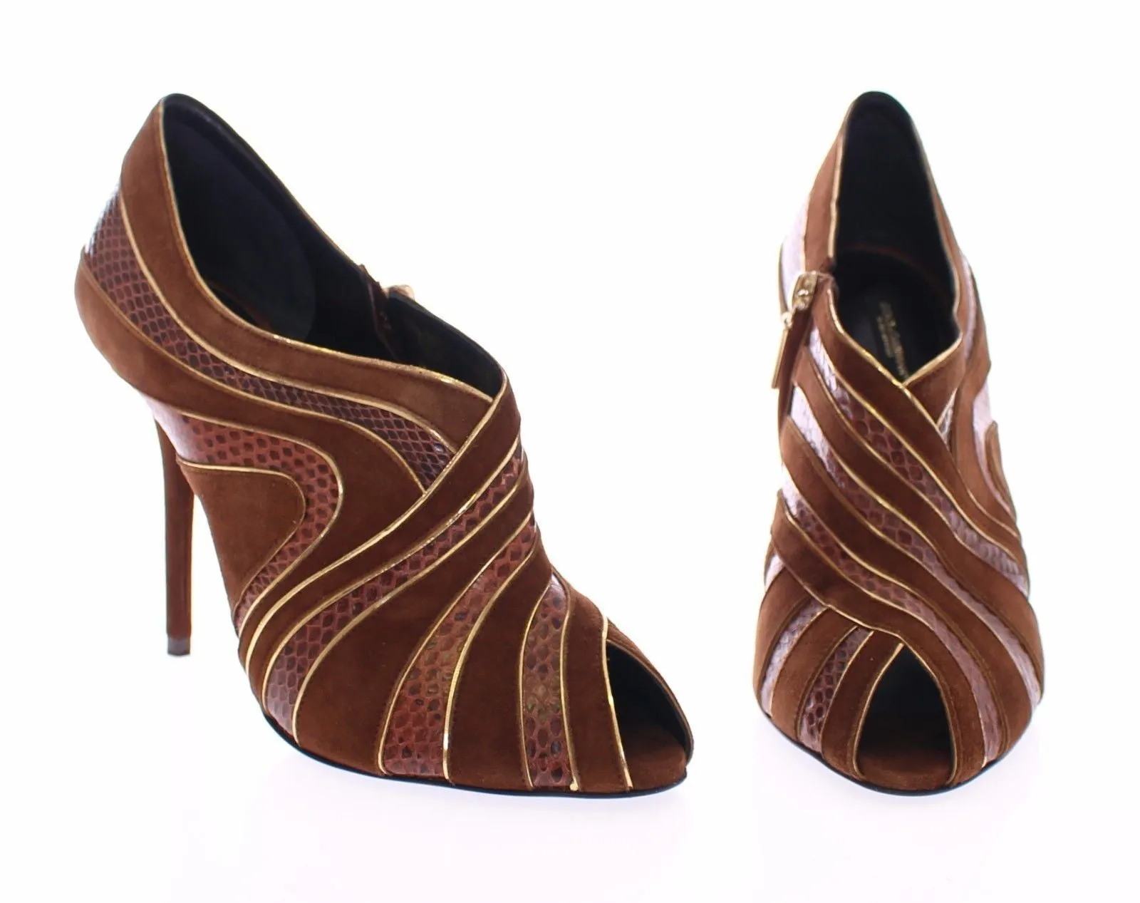 Brown Suede Snakeskin Open Toe Pumps Shoes