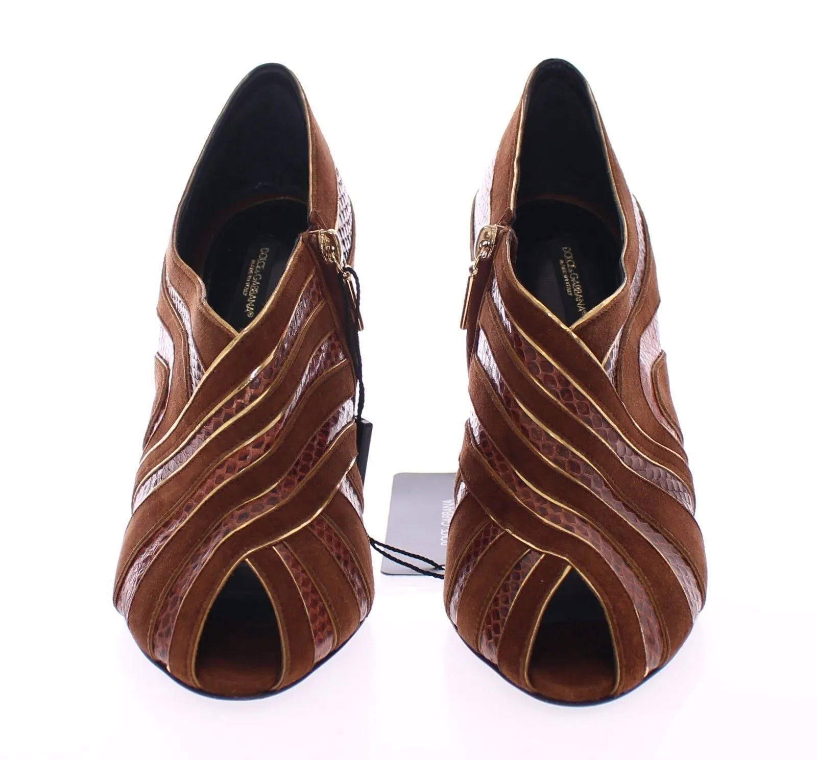 Brown Suede Snakeskin Open Toe Pumps Shoes