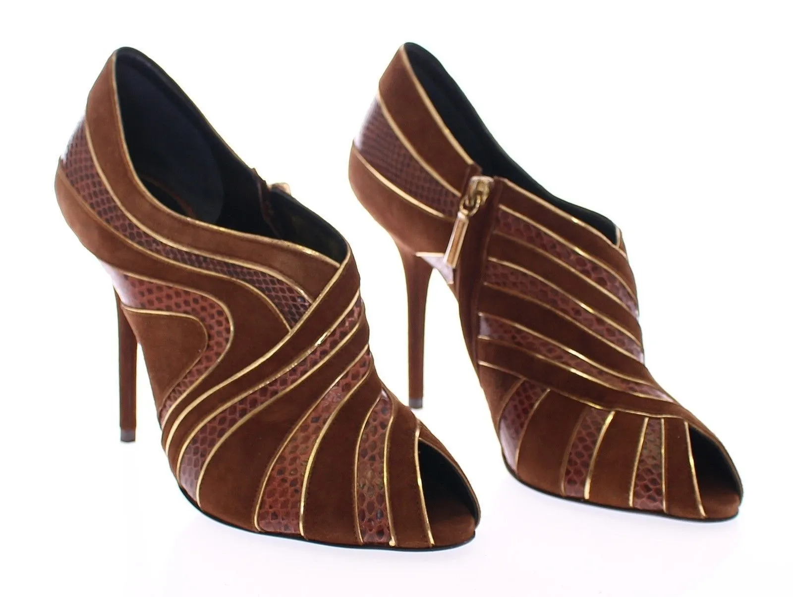 Brown Suede Snakeskin Open Toe Pumps Shoes